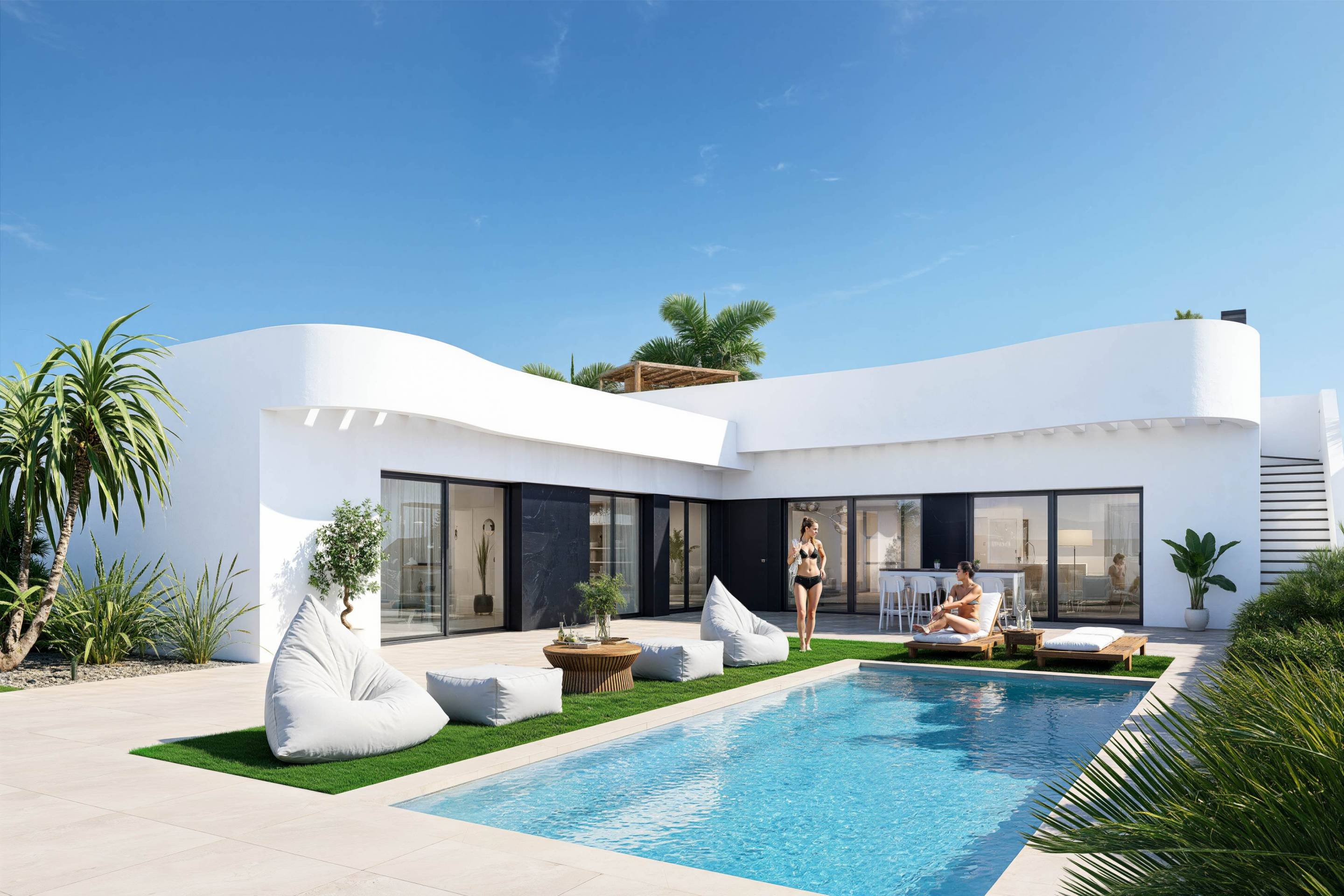 Front elevation of new-build villa in Algorfa showing entrance and driveway area