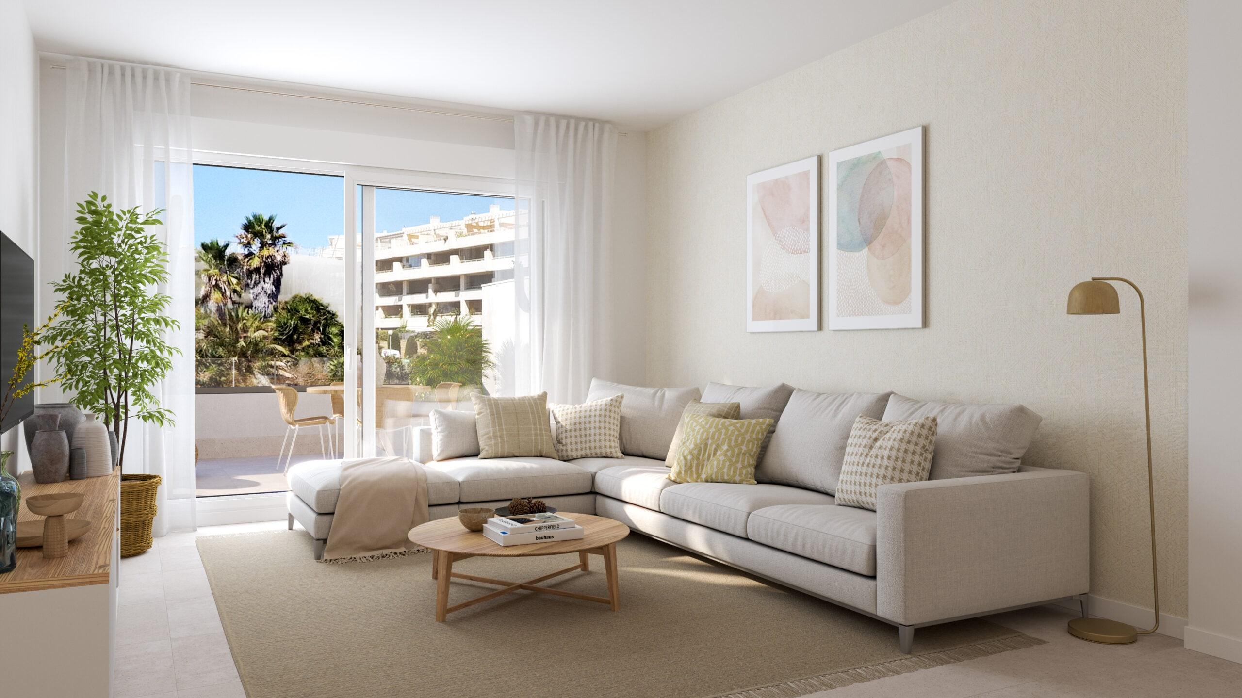 Open-plan living and dining area with large windows