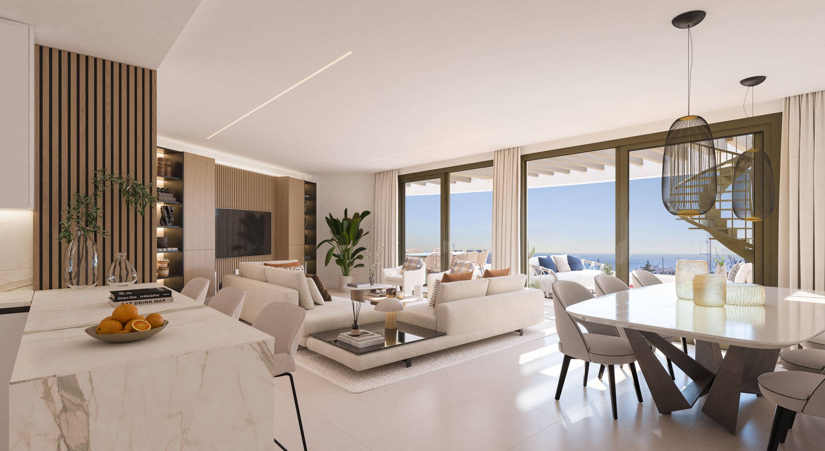 Render of living room interior in 2-bedroom apartment, Las Mesas