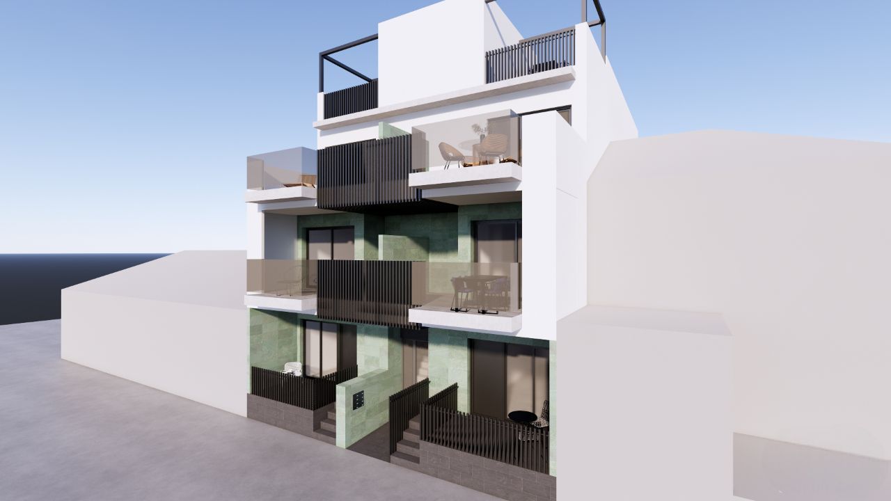Roof or upper storey detail, new-build apartment block, El Mojón