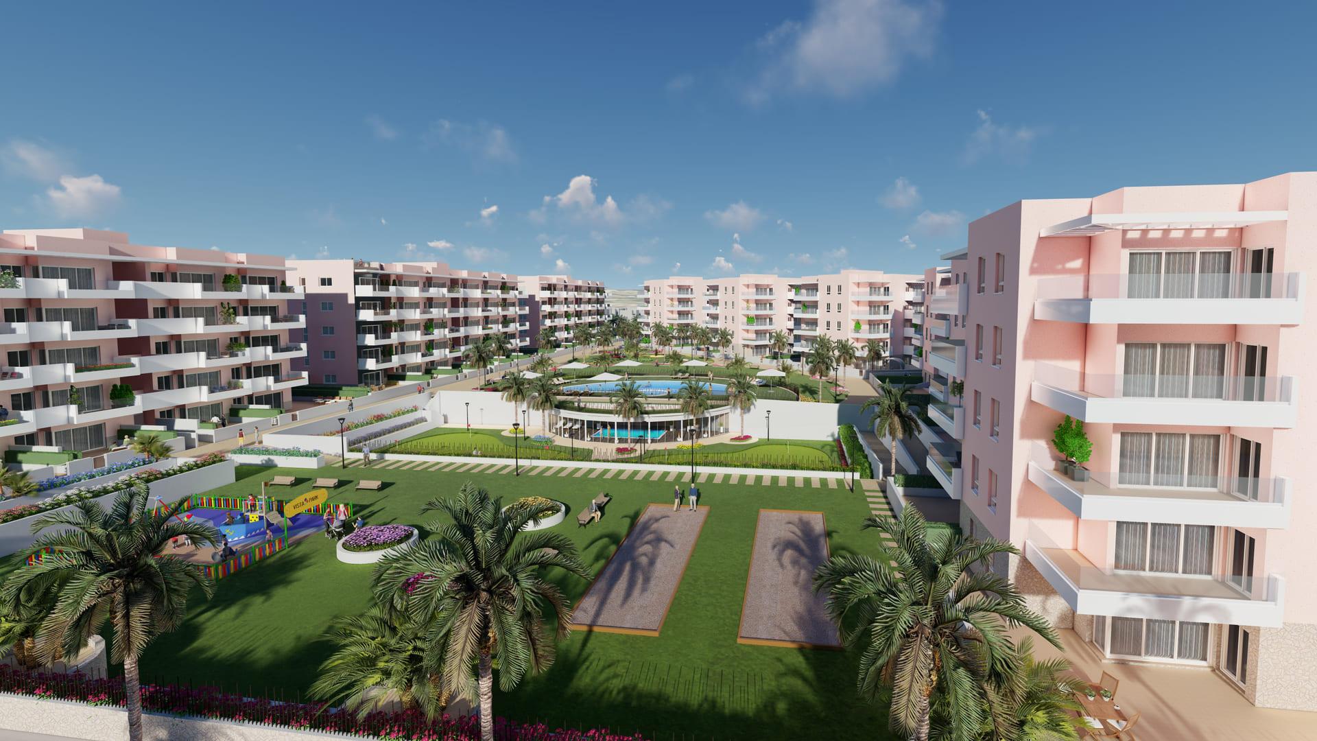 Communal pool area of new-build development in El Raso, Guardamar Del Segura
