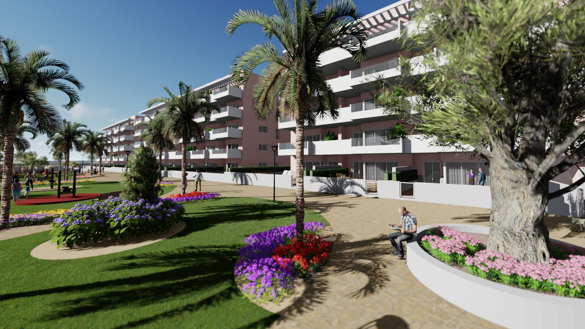 Pool area from upper floor perspective, new-build development, El Raso
