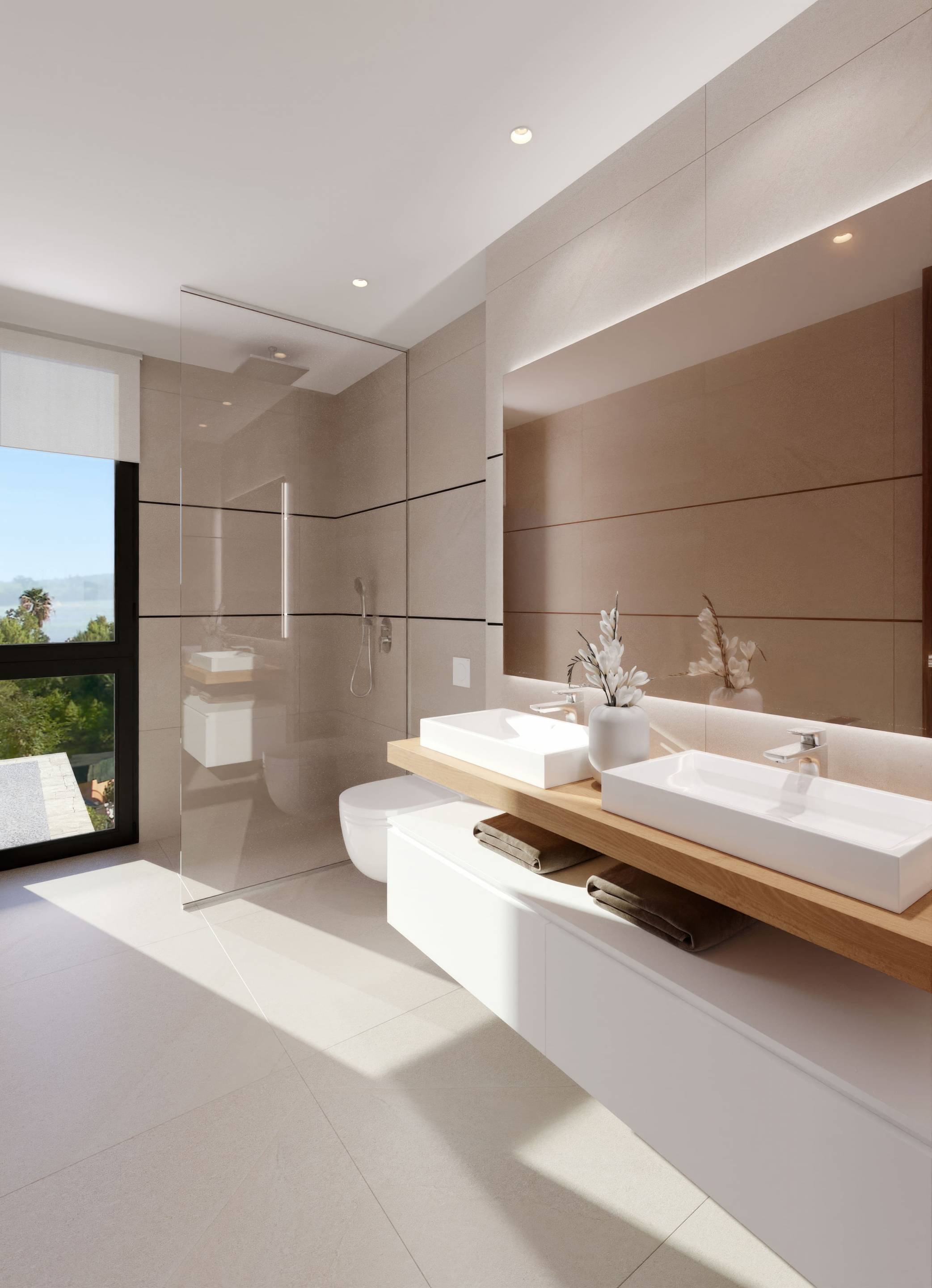 Living room with glazed doors to outdoor area, new-build villa, Finestrat Hills