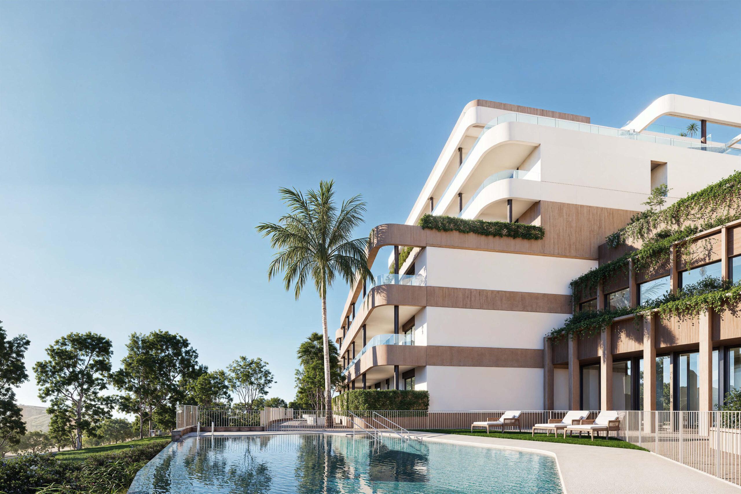 Communal gardens and pool surround in Estepona Golf development