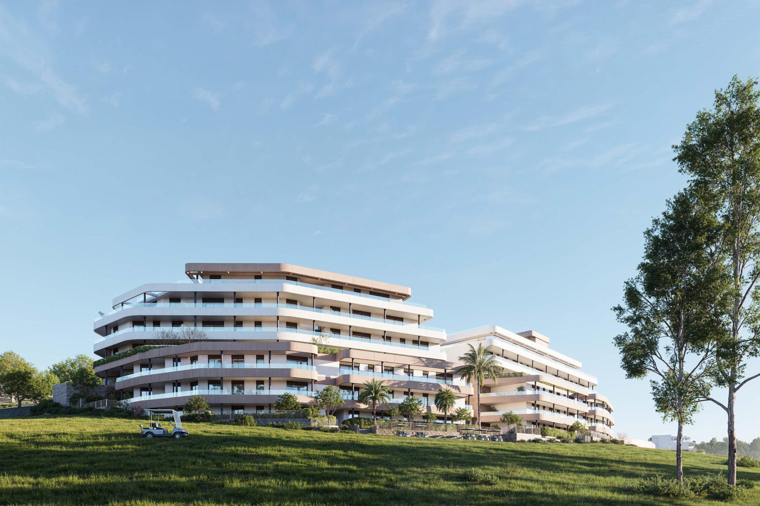 Development exterior and parking area, new-build apartment block, Estepona Golf