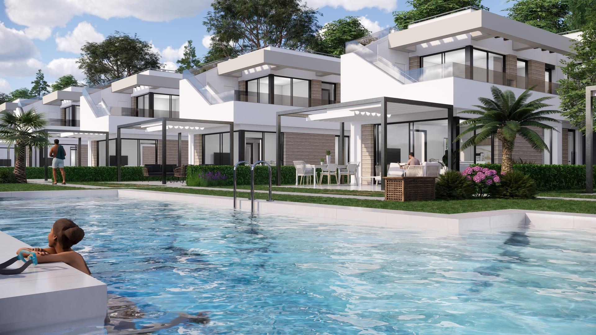 Rear garden and terrace area of 3-bedroom villa in Pinar de Campoverde