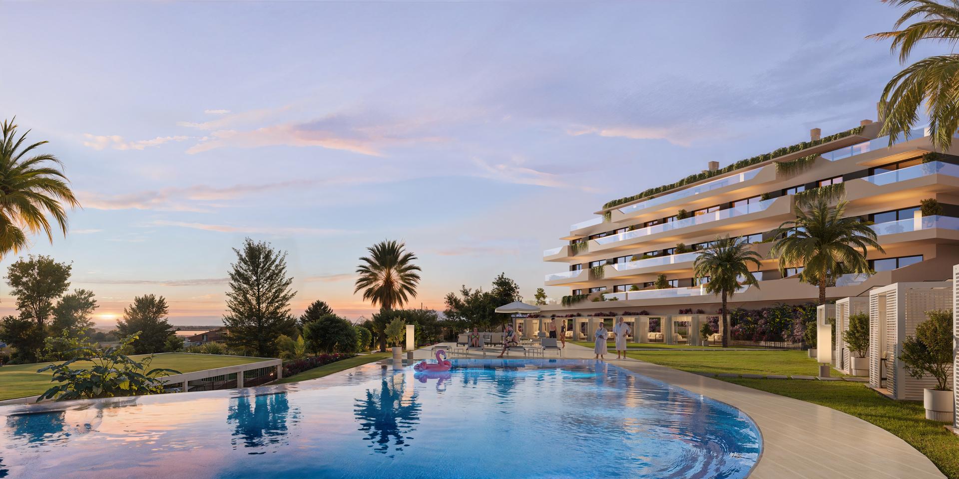 Night view of illuminated terrace and pool