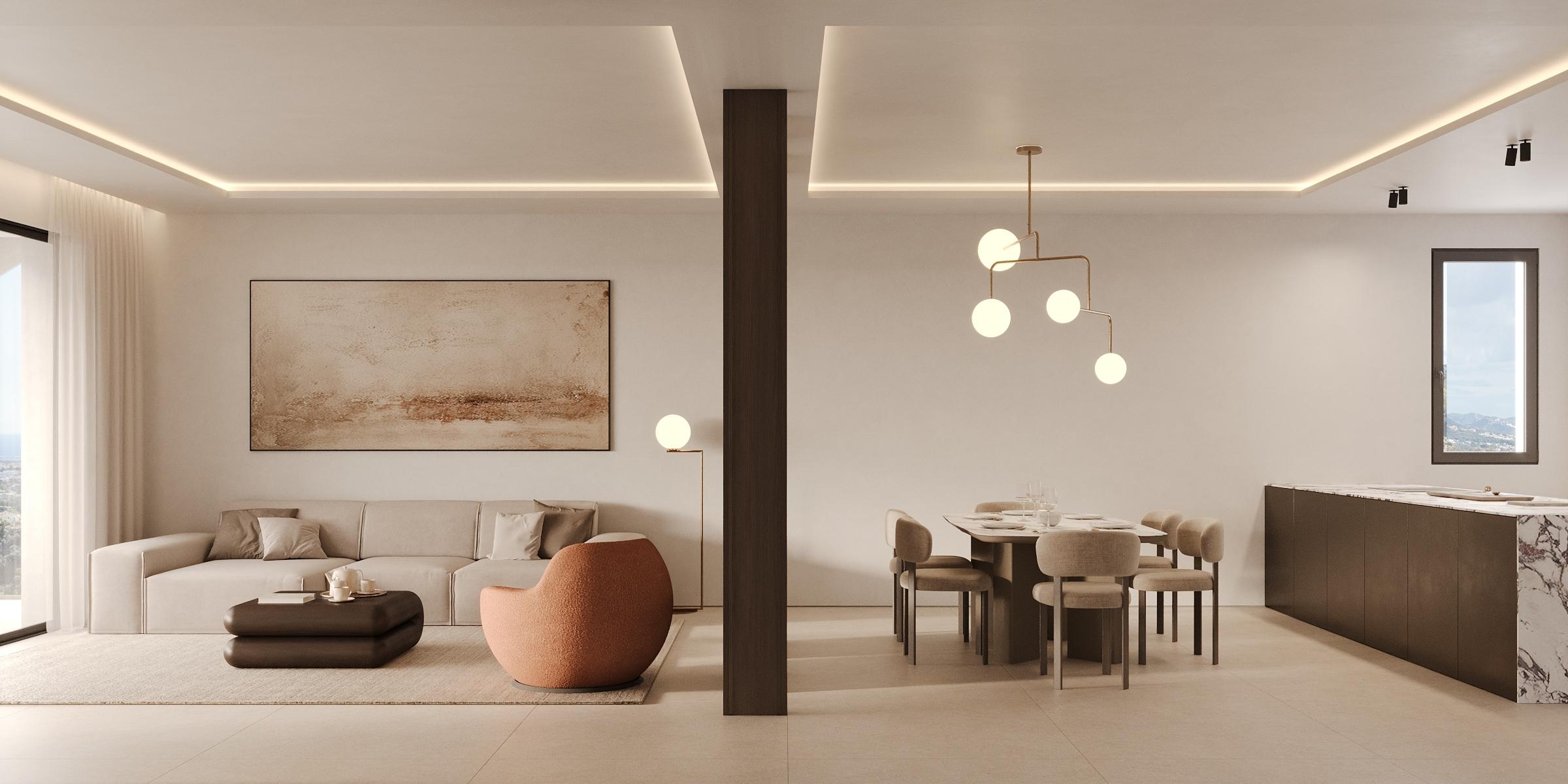 Development exterior at dusk, new-build penthouse, Nueva Milla De Oro