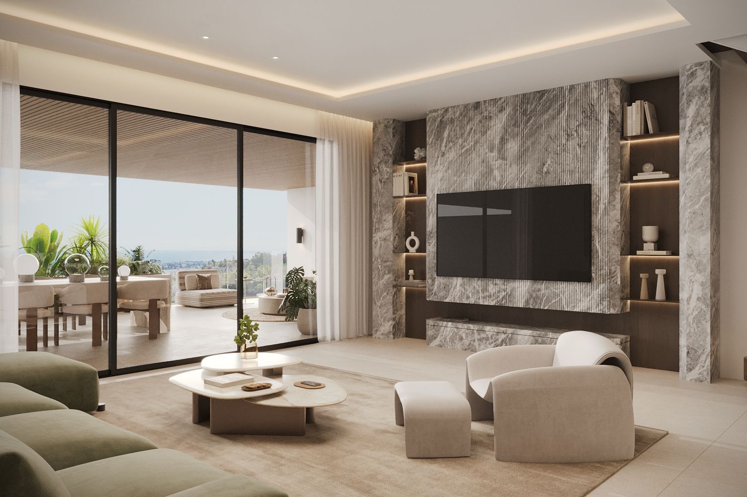 Communal pool with lounge seating, new-build development, Estepona