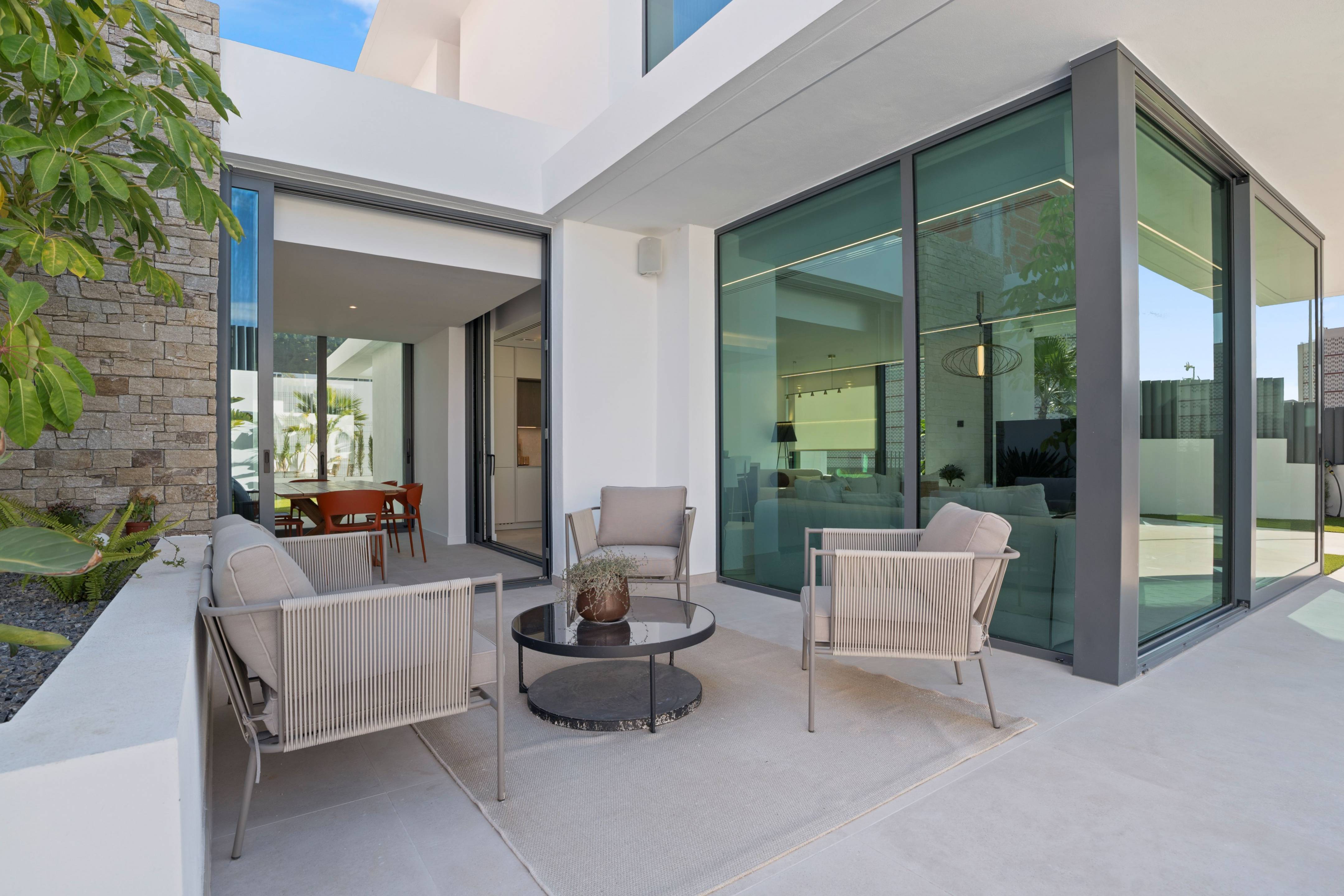 Living room with porcelain tile flooring, new-build villa, Rincón de Loix