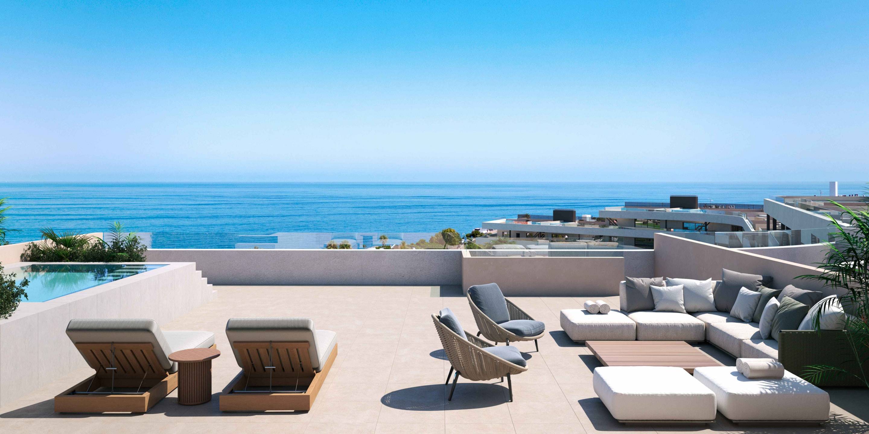 Communal pool area in new-build development, Bahía de las Rocas, Manilva
