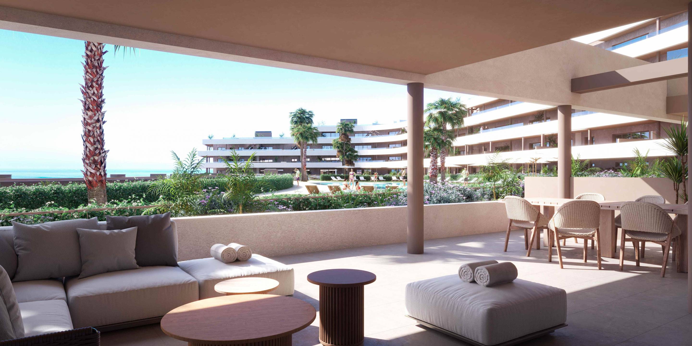 Living area in 3-bedroom new-build apartment, Bahía de las Rocas, Manilva
