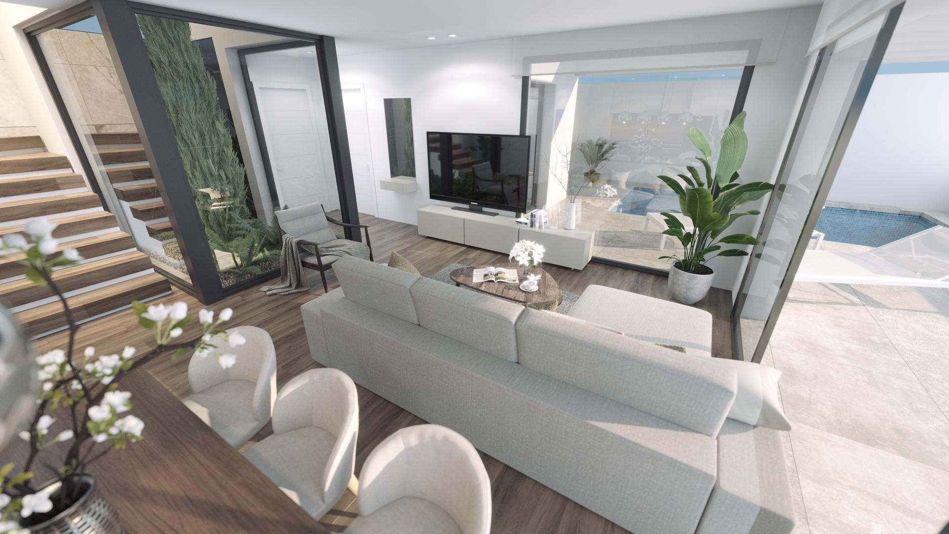 Garden area of new-build villa on 478m2 plot, Golf Puig Campana