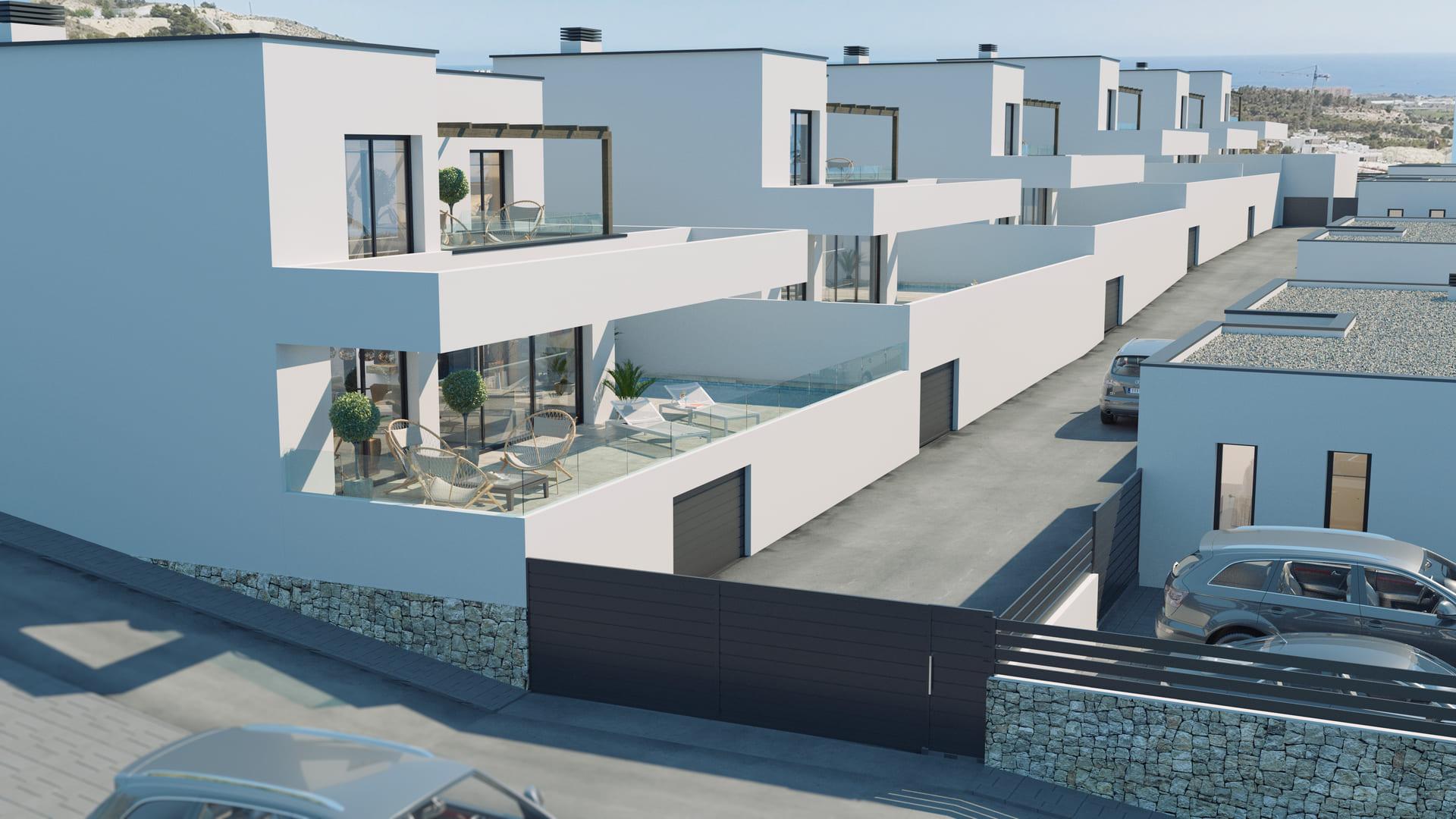 Front elevation of 3-bedroom new-build villa, Golf Puig Campana, Finestrat