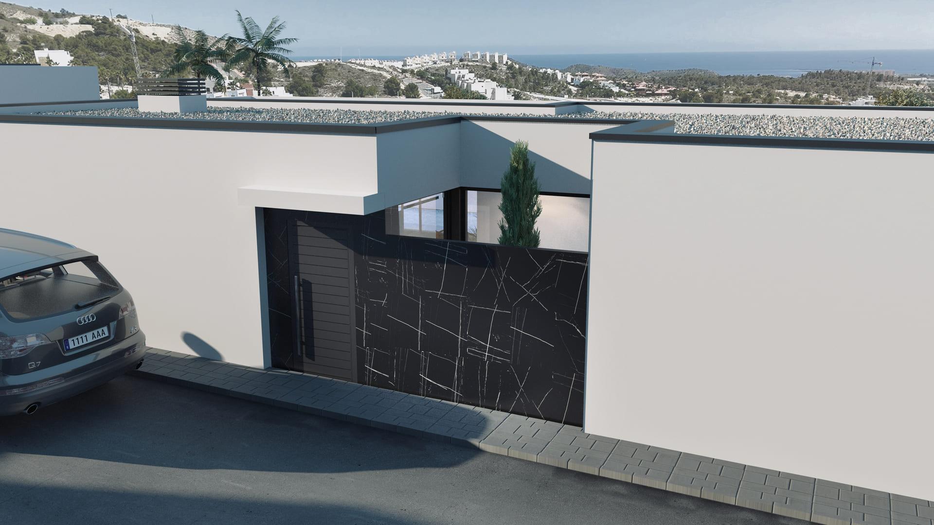 Exterior front elevation of new-build villa, Golf Puig Campana, Finestrat