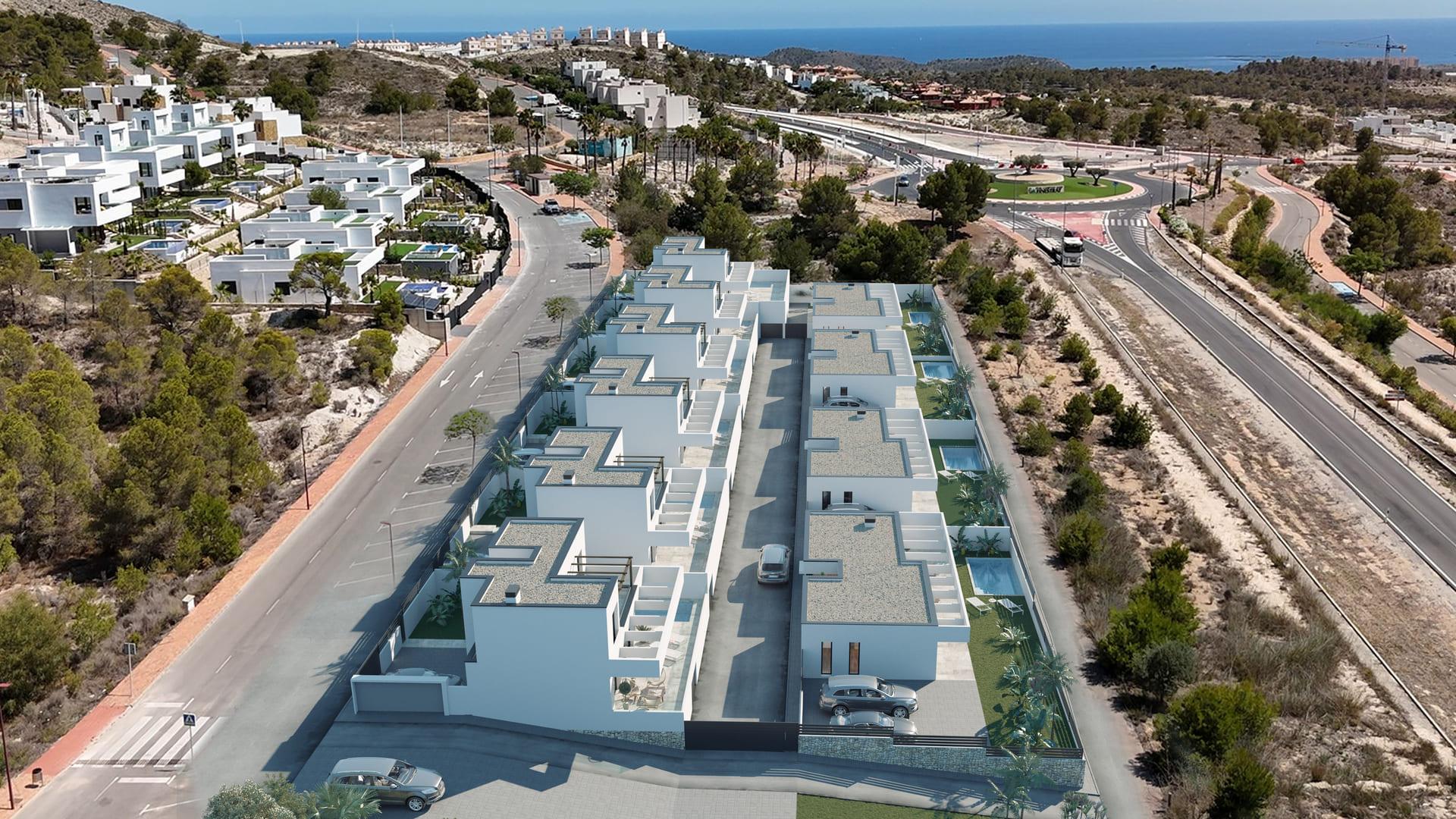 Rendered CGI exterior of new-build villa, Golf Puig Campana, Finestrat