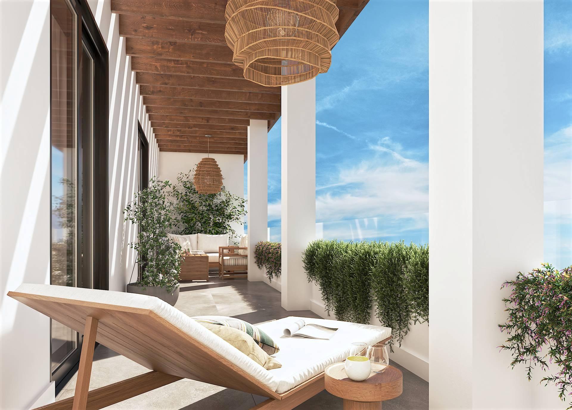 Overview of living and kitchen space, 1-bedroom apartment, Las Flores