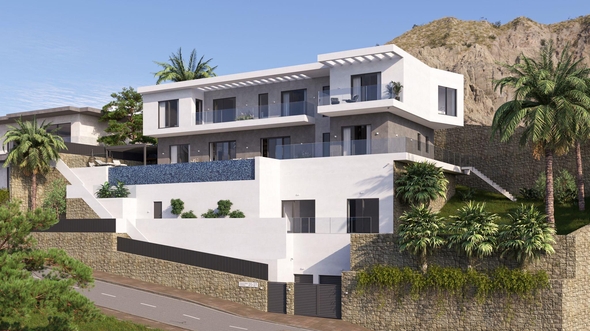 Pool area viewed from solarium, 7-bedroom new-build villa, Finestrat Hills