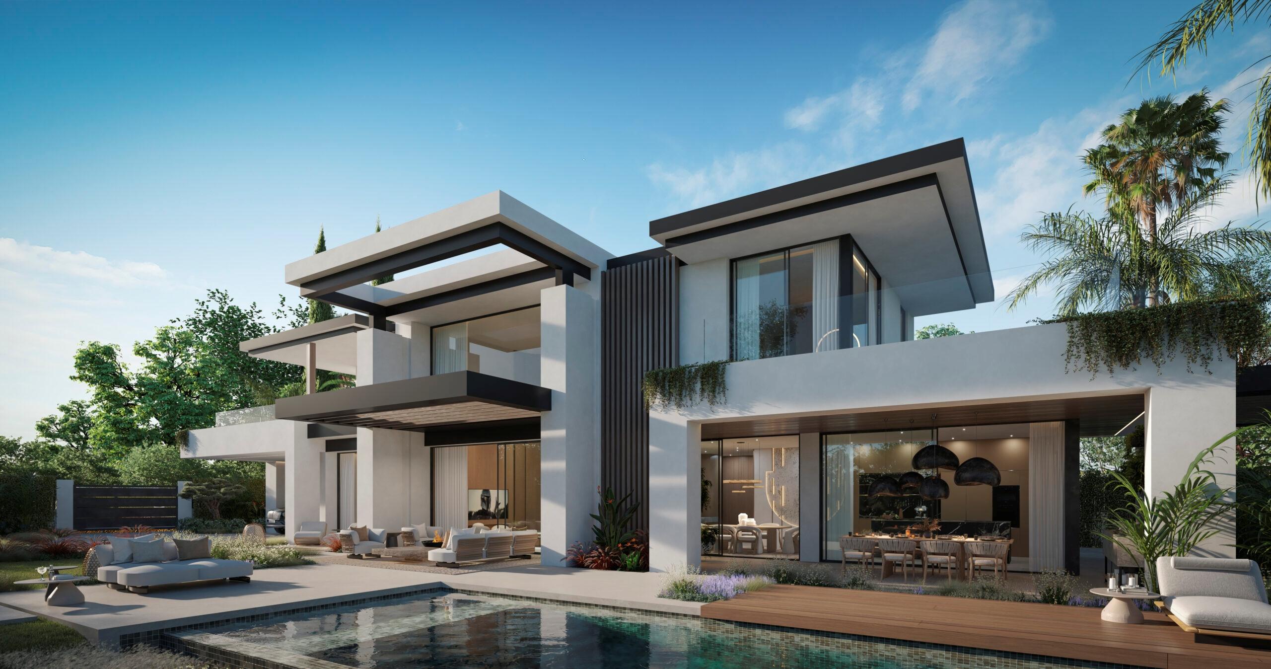 Exterior night view of new-build villa in San Pedro de Alcántara, Marbella