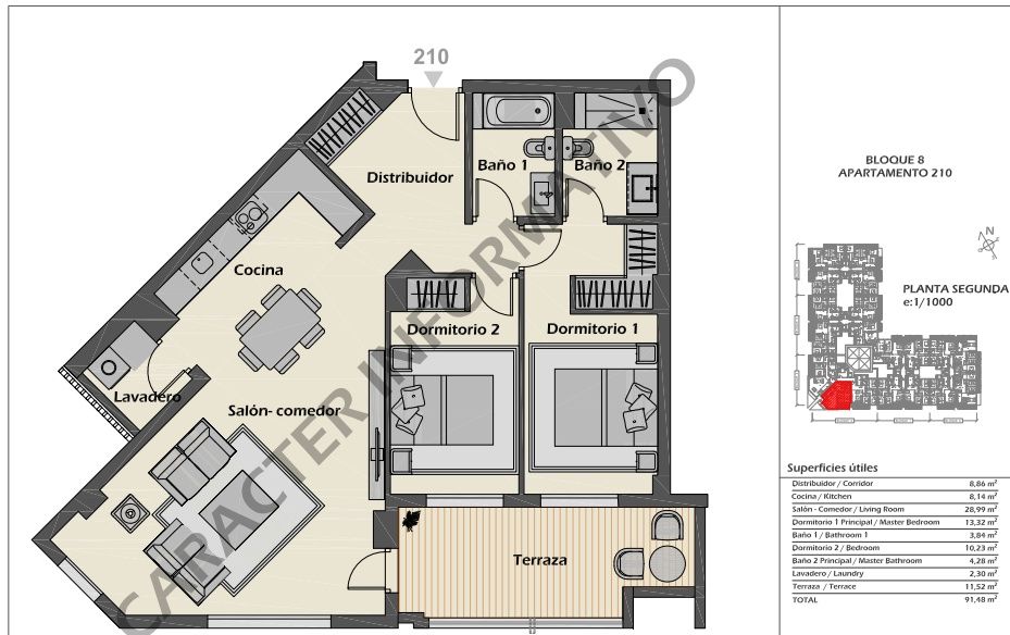 Floor plan of 4-bedroom apartment on second floor, Rodeo Alto-Guadaiza-La Campana