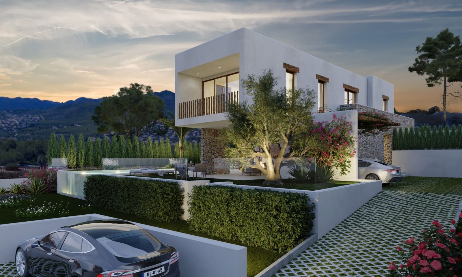 Rear of new-build villa showing outdoor space, Monte Olimpo, Jávea