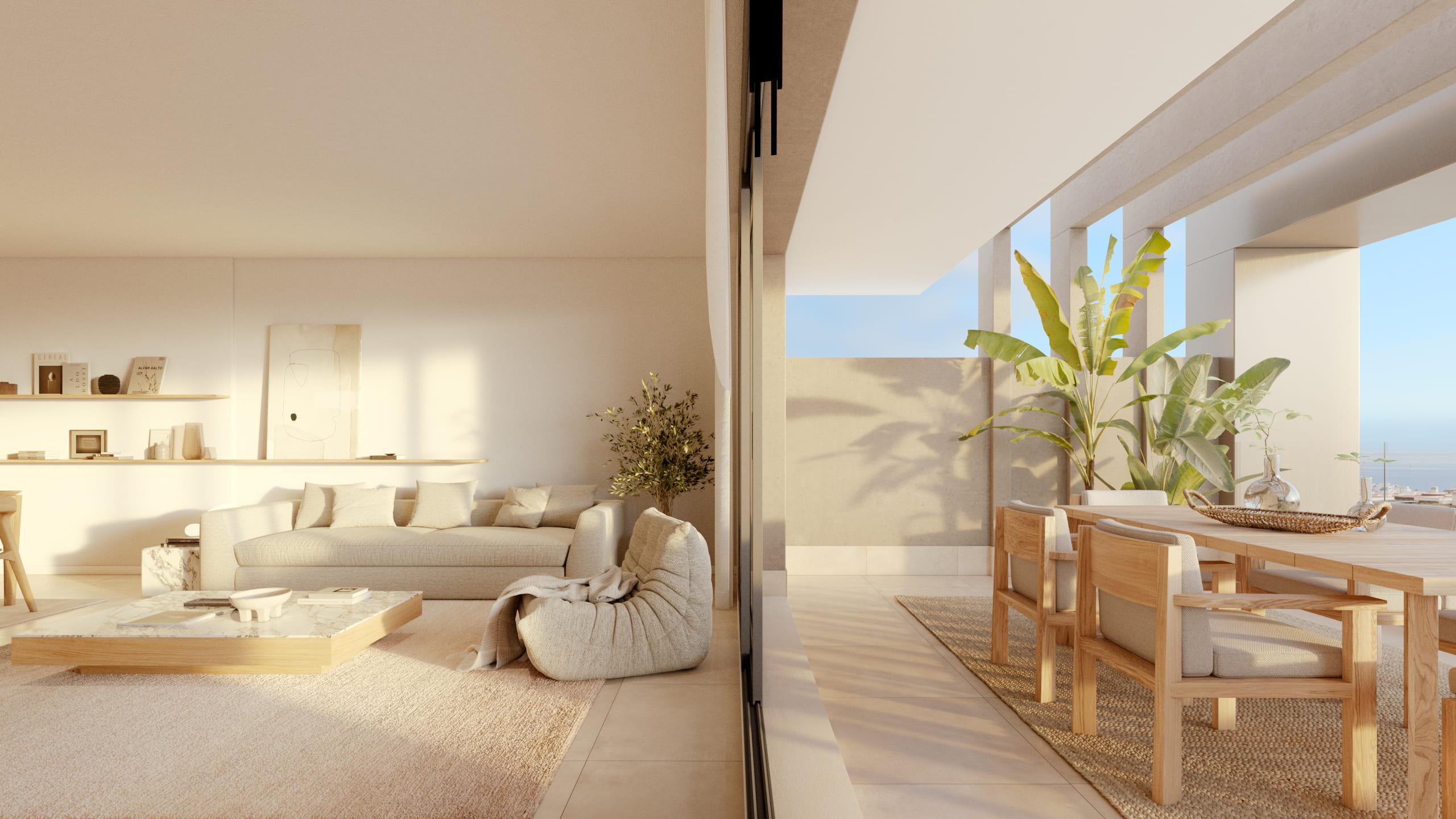 Open-plan living and dining area in 3-bedroom penthouse, Las Mesas, Estepona