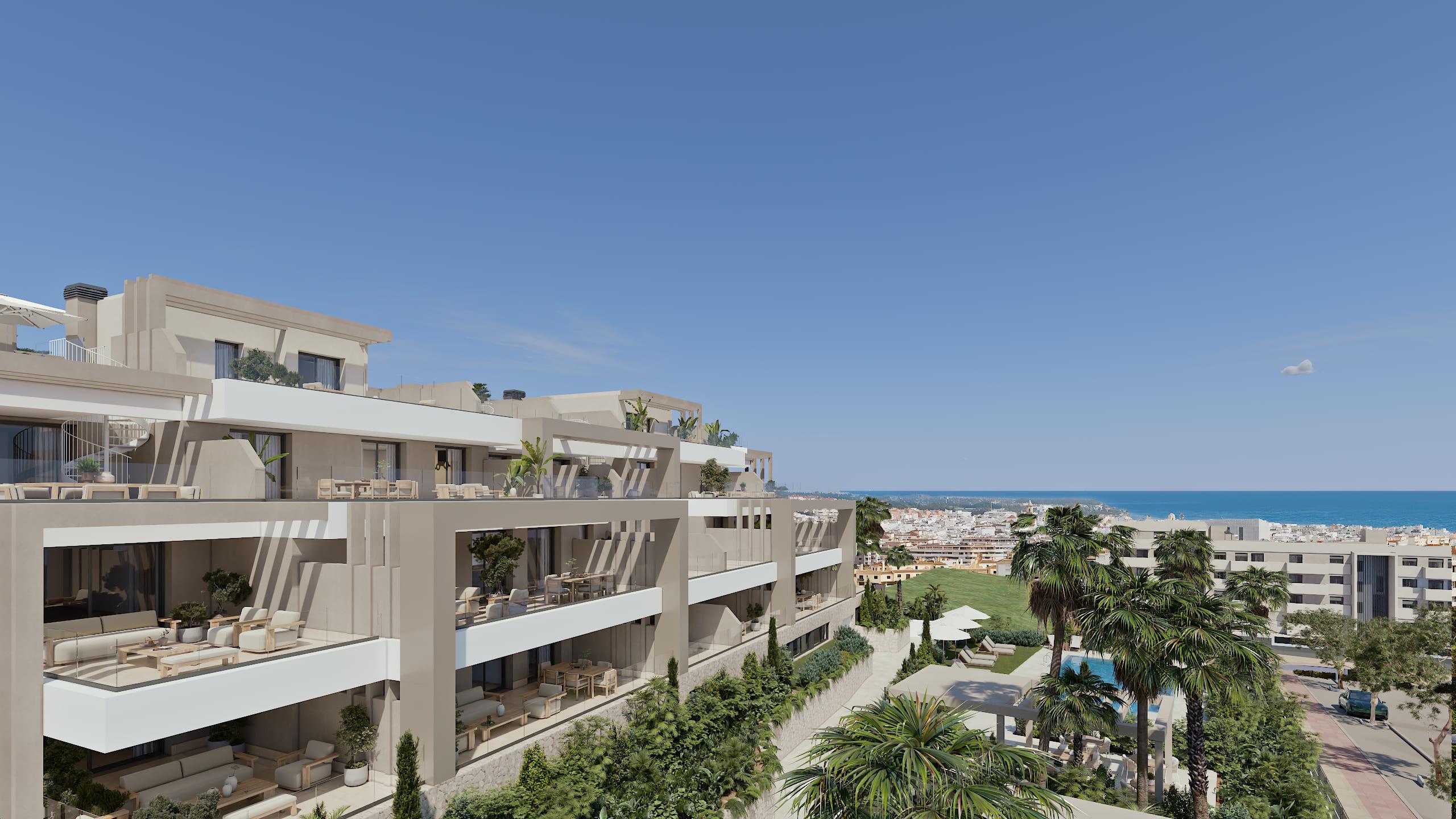 Terrace with views from penthouse in Las Mesas, Estepona