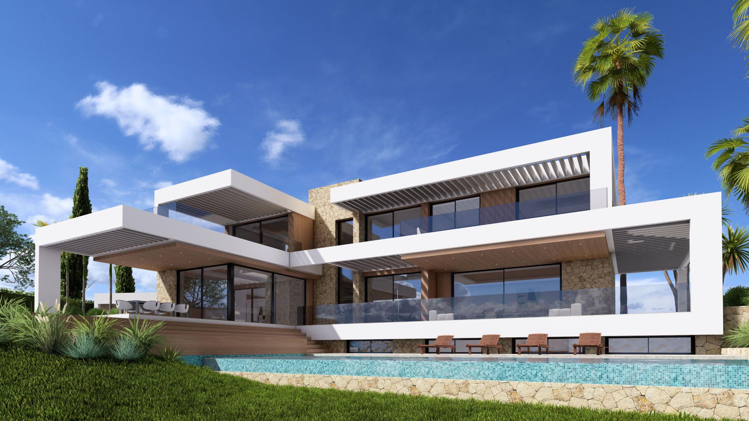 Villa for sale in Los Flamingos, Benahavis - exterior view of new-build property on large plot