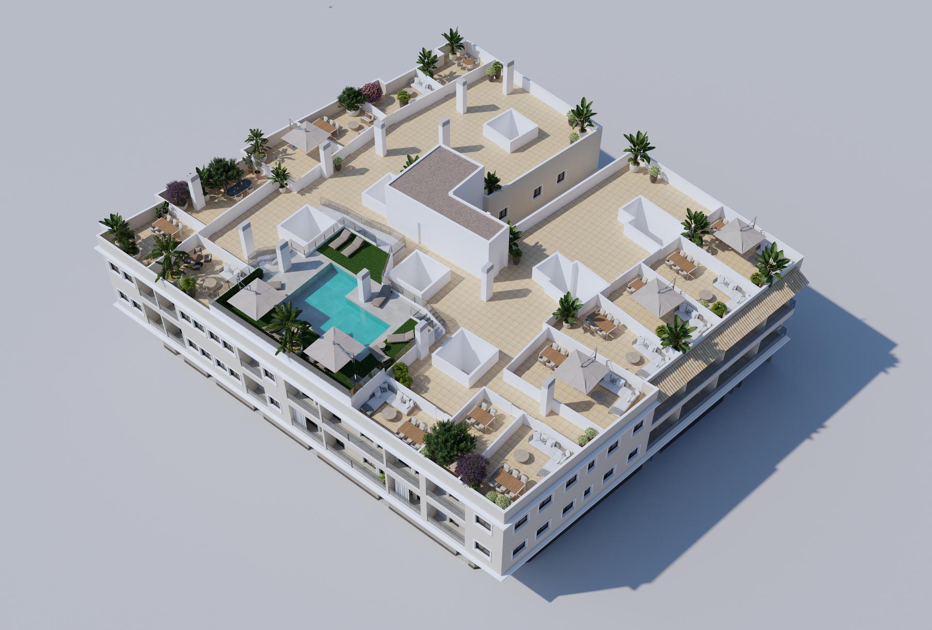 Open-plan living area and kitchen in 1-bedroom penthouse