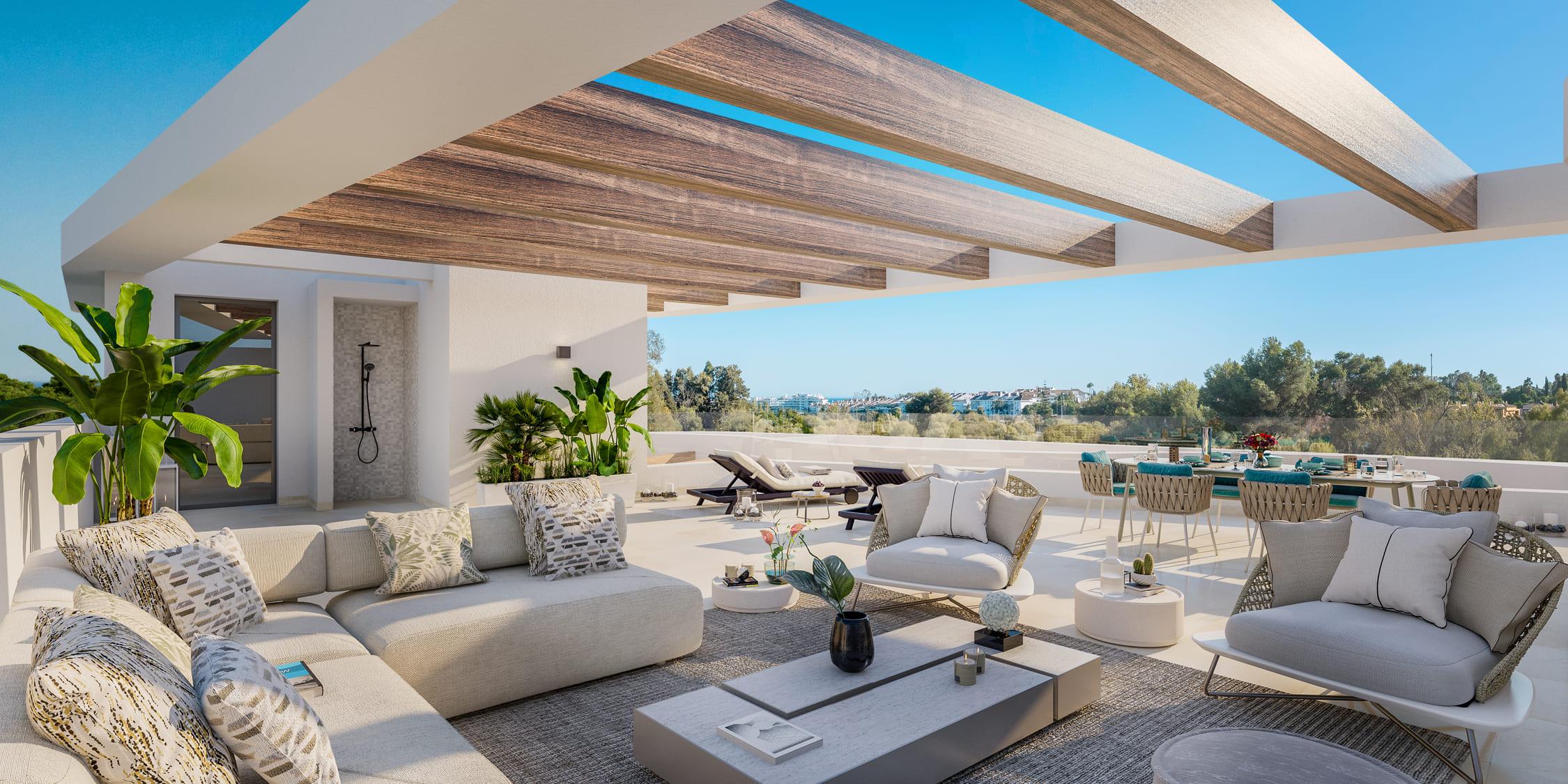 Open-plan living and dining area in 2-bedroom new-build apartment, Guadalmina Alta