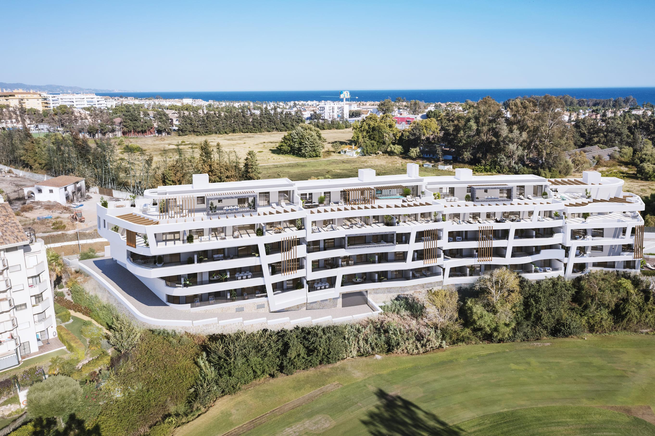 Communal pool area of new-build development in Guadalmina Alta, Marbella