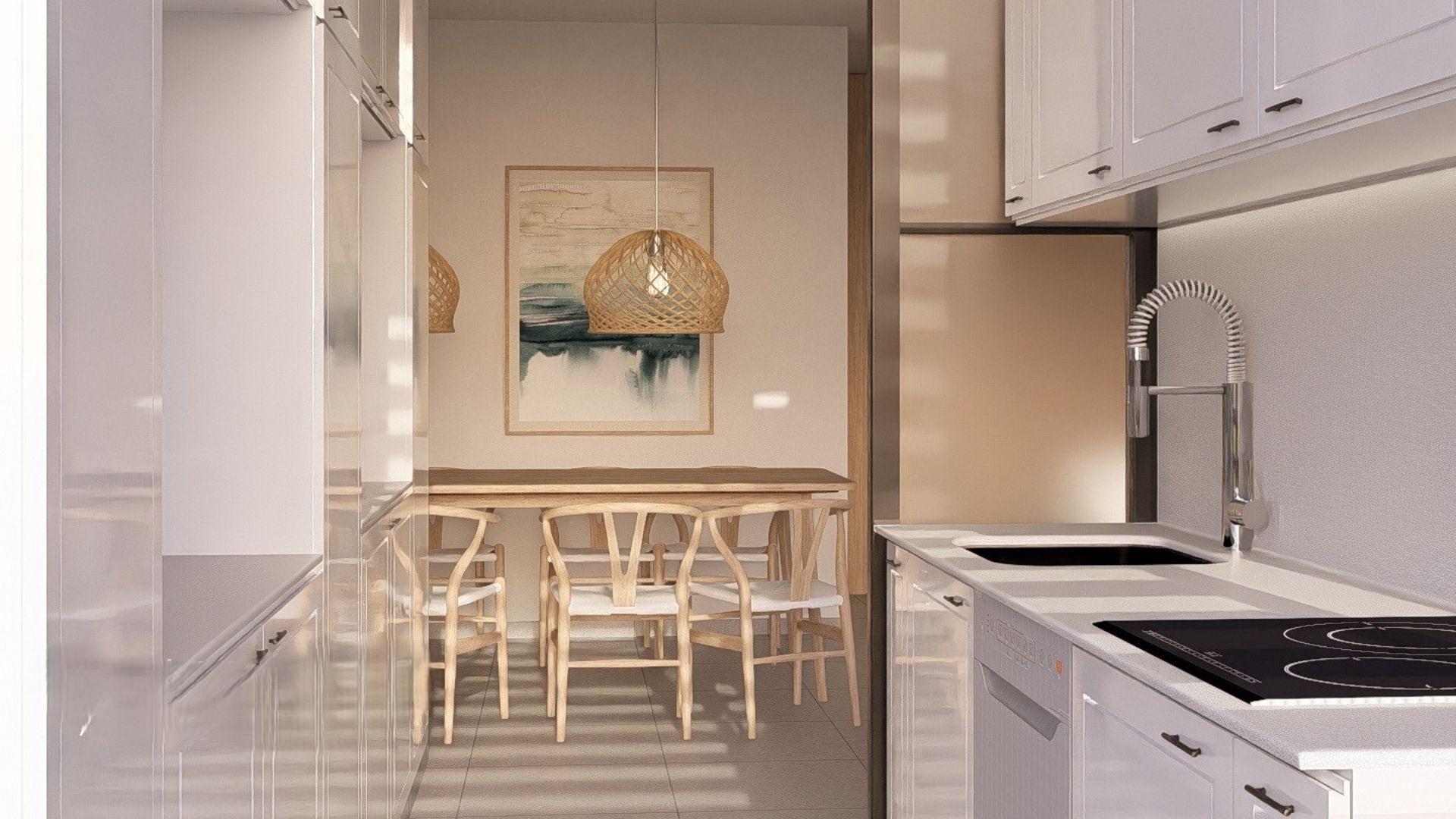 Interior render of living space, 2-bedroom apartment, Pueblo, Jávea