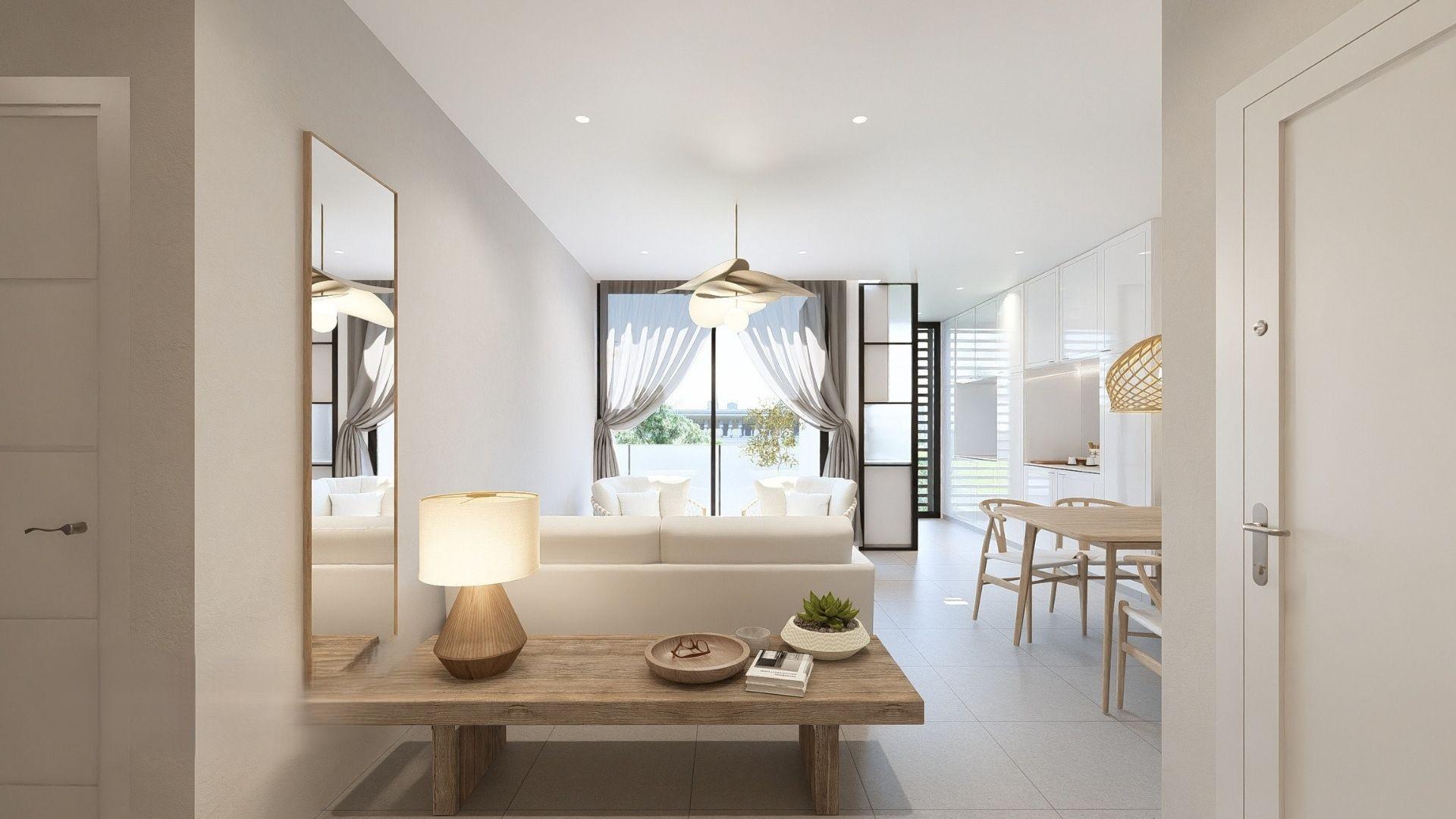CGI of open-plan living and kitchen area, 2-bedroom apartment, Jávea
