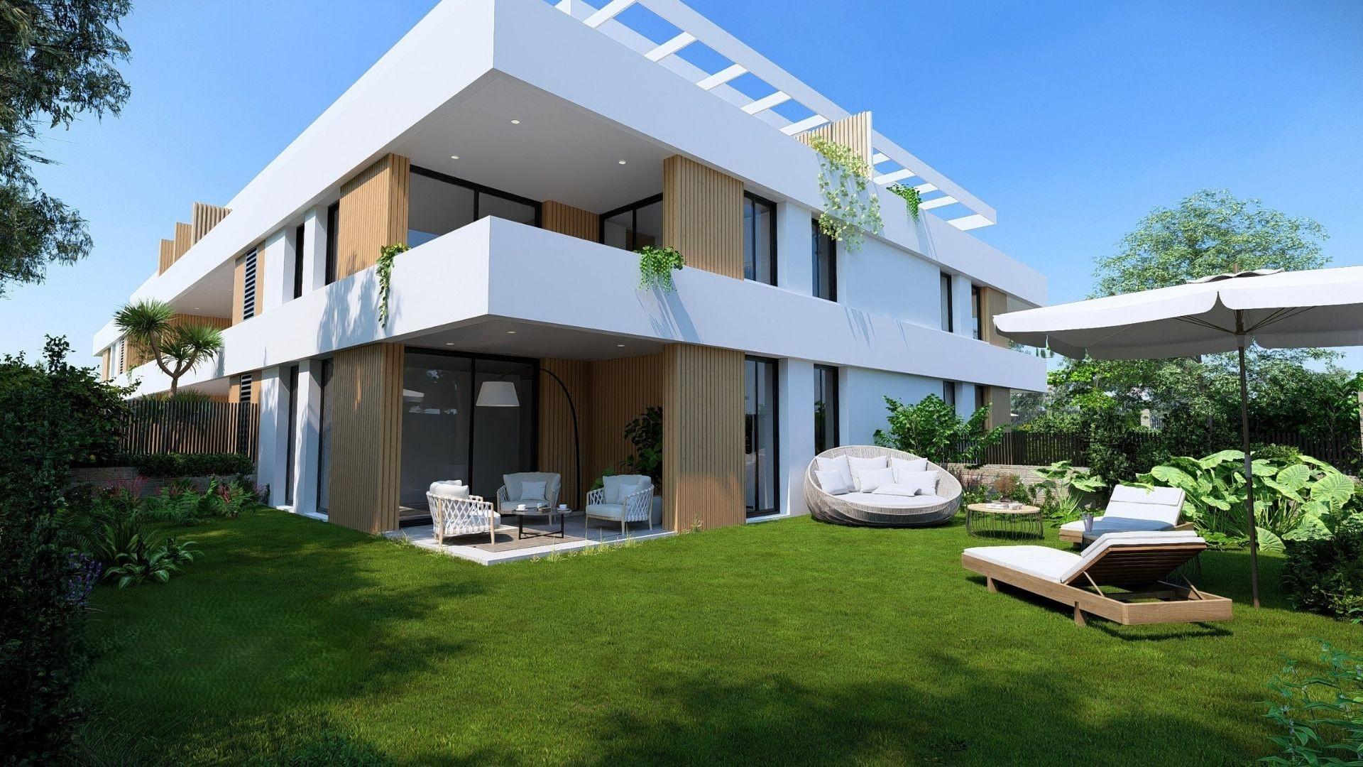 Landscaping around communal pool, new-build development, Jávea