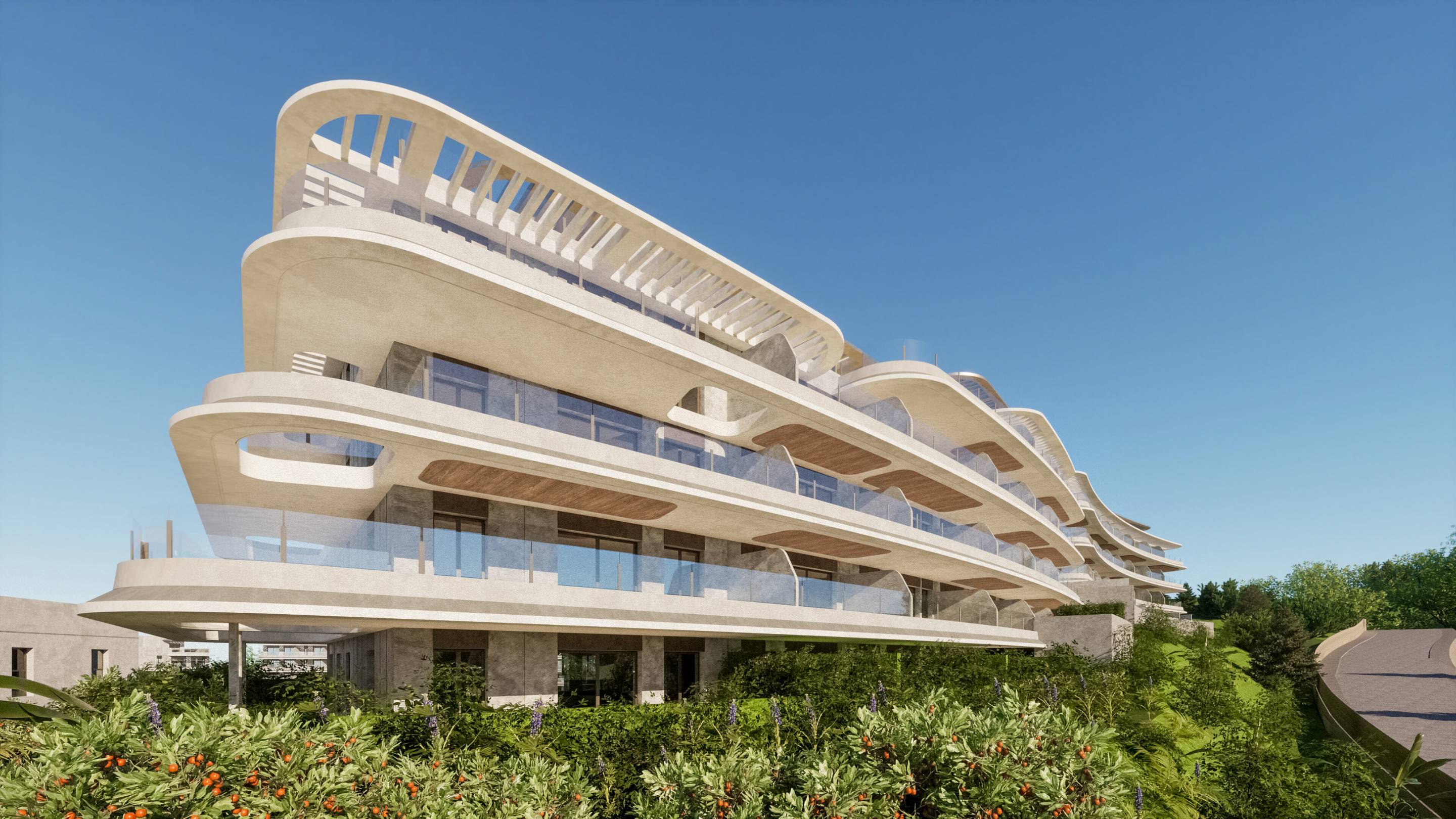 Ground-floor terrace or communal area, new-build apartment, Hipódromo-Cerrado del Águila, Mijas