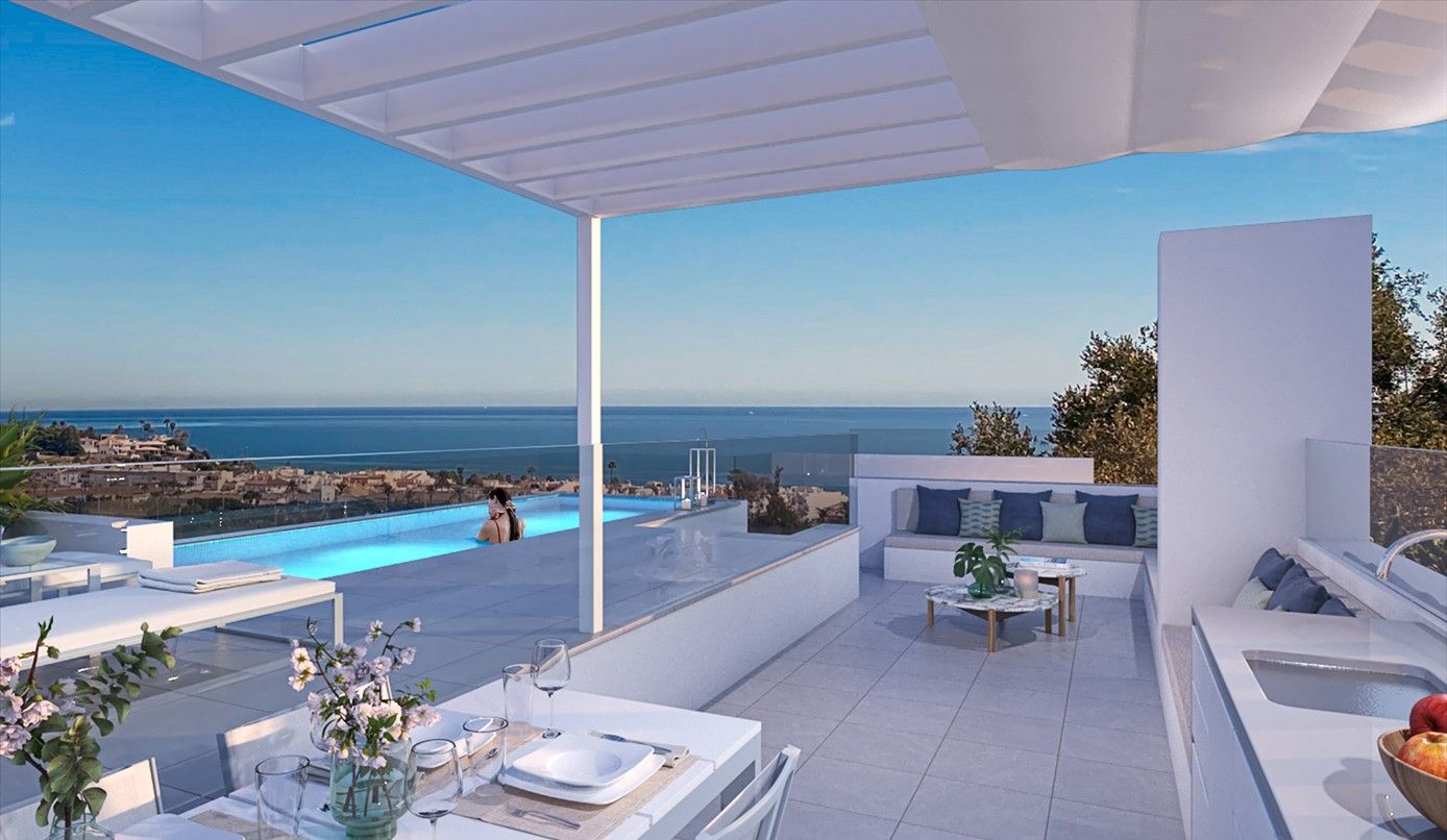 Communal pool area of new-build development in La Cala de Mijas, Mijas